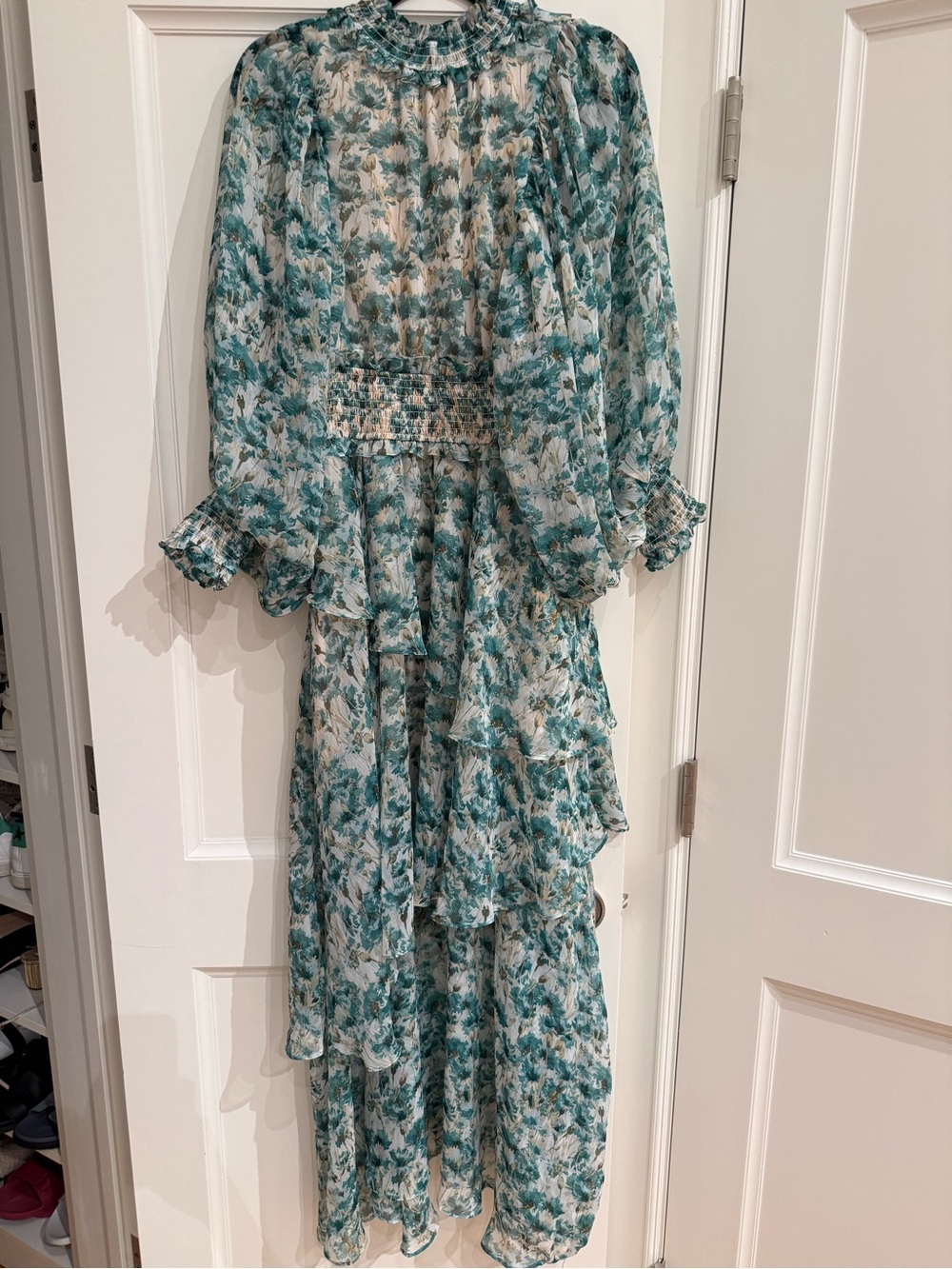 Elliatt Teal and White Floral Ruffle Tiered Maxi Dress